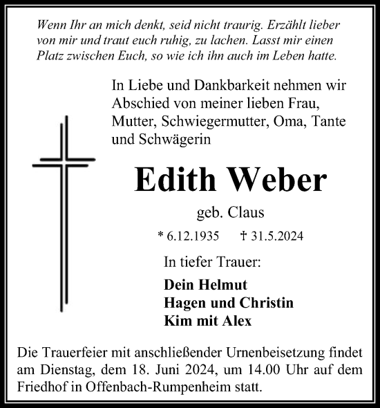 Todesanzeige von Edith Weber von OF