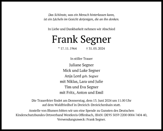 Todesanzeige von Frank Segner von OF
