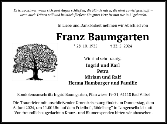 Todesanzeige von Franz Baumgarten von OF