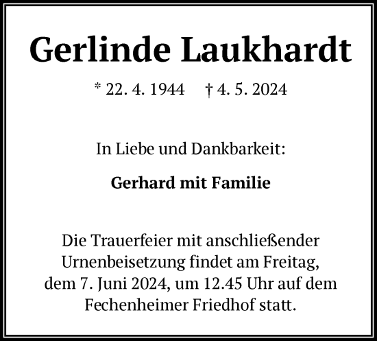 Todesanzeige von Gerlinde Laukhardt von OF