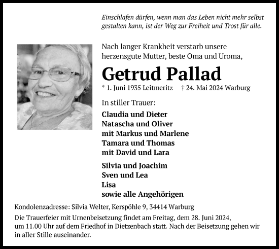 Todesanzeige von Getrud Pallad von OF