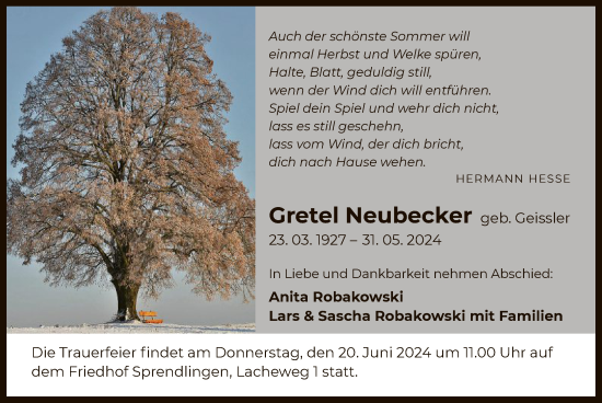 Todesanzeige von Gretel Neubecker von OF