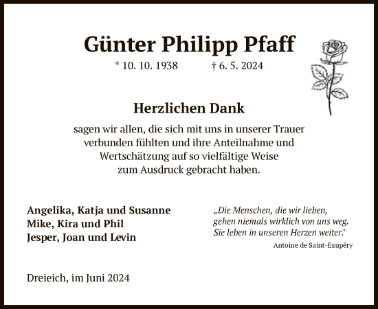 Todesanzeige von Günter Philipp Pfaff von OF