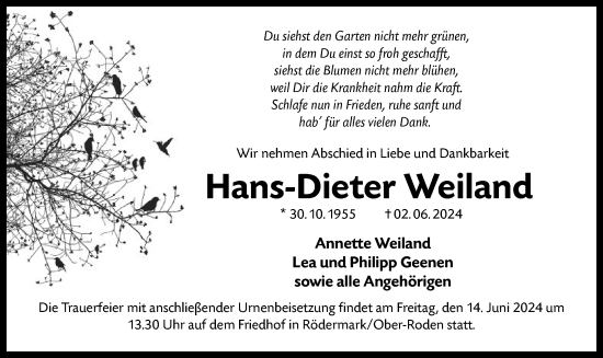 Todesanzeige von Hans-Dieter Weiland von OF