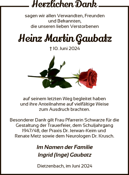 Todesanzeige von Heinz Martin Gaubatz von OF