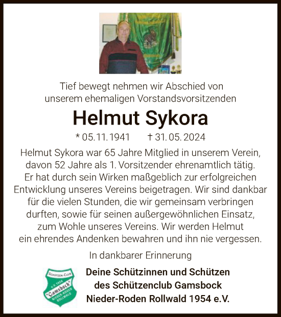 Todesanzeige von Helmut Sykora von OF