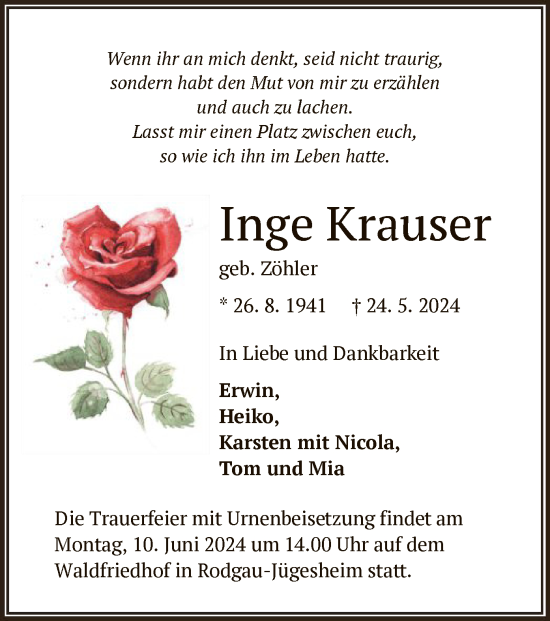 Todesanzeige von Inge Krauser von OF