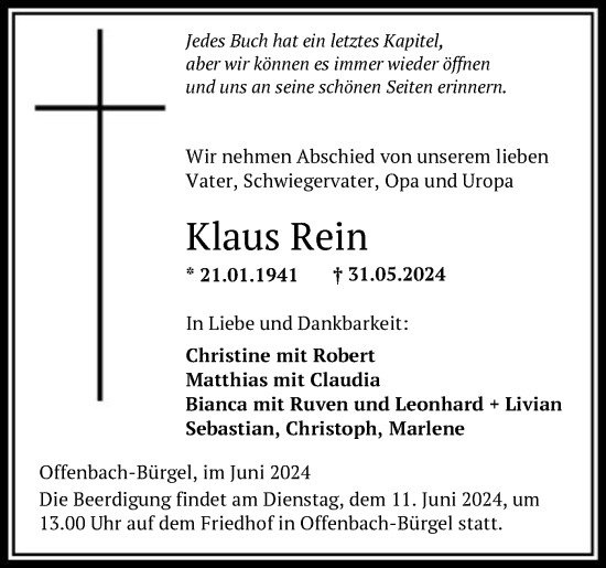 Todesanzeige von Klaus Rein von OF