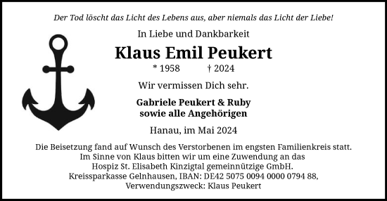 Todesanzeige von Klaus Emil Peukert von OF
