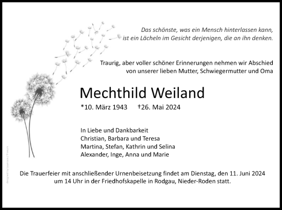 Todesanzeige von Mechthild Weiland von OF