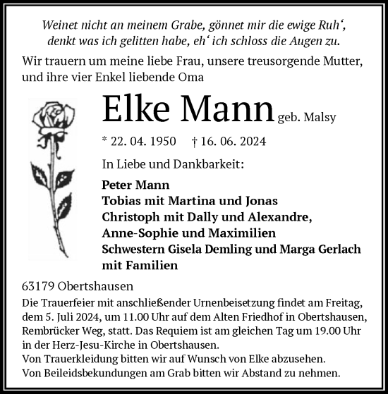 Todesanzeige von Peter Mann von OF