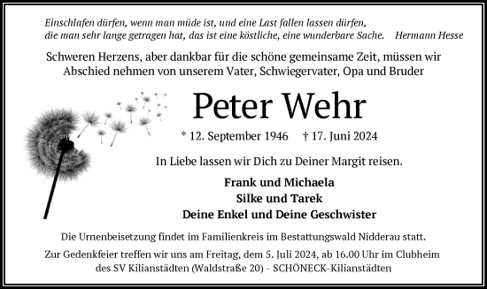 Todesanzeige von Peter Wehr von OF