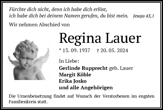 Todesanzeige von Regina Lauer von OF