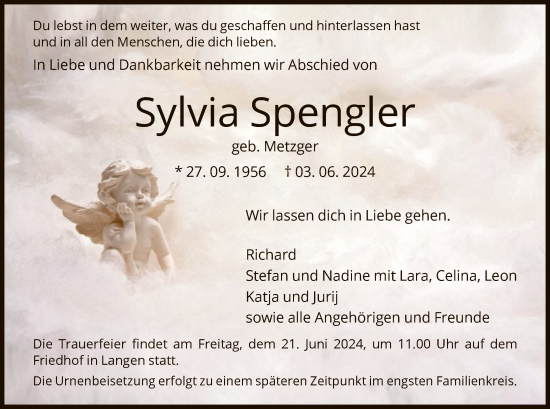 Todesanzeige von Sylvia Spengler von OF