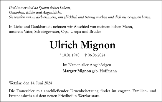 Todesanzeige von Ulrich Mignon von OF
