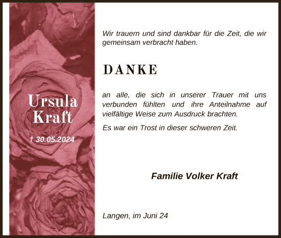 Todesanzeige von Ursula Kraft von OF