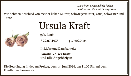 Todesanzeige von Ursula Kraft von OF