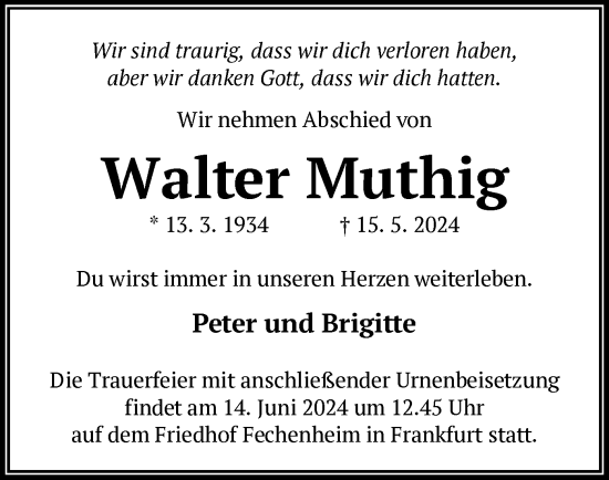 Todesanzeige von Walter Muthig von OFOF