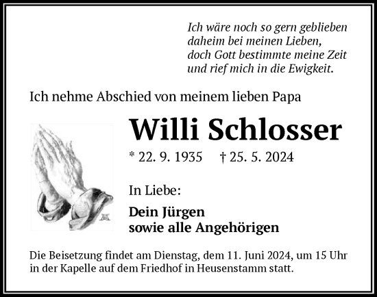 Todesanzeige von Willi Schlosser von OF