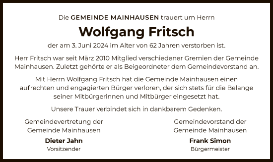 Todesanzeige von Wolfgang Fritsch von OF