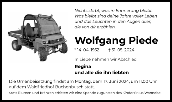 Todesanzeige von Wolfgang Piede von OF