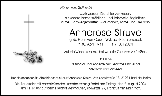 Todesanzeige von Annerose Struve von OF