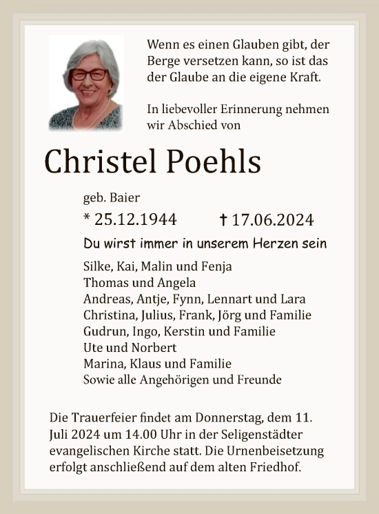 Todesanzeige von Christel Poehls von OF