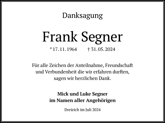 Todesanzeige von Frank Segner von OF
