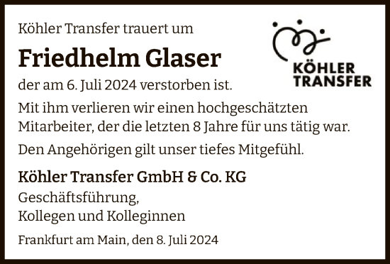 Todesanzeige von Friedhelm Glaser von OF