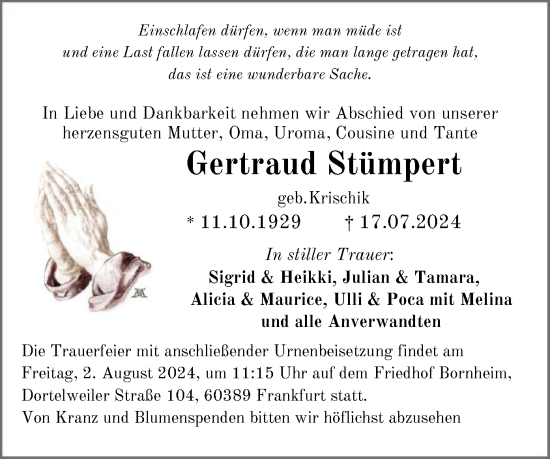 Todesanzeige von Gertraud Stümpert von OF