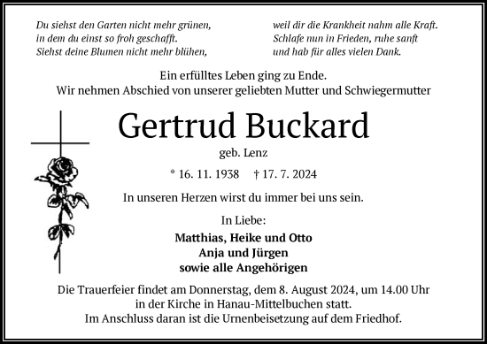 Todesanzeige von Gertrud Buckard von OF