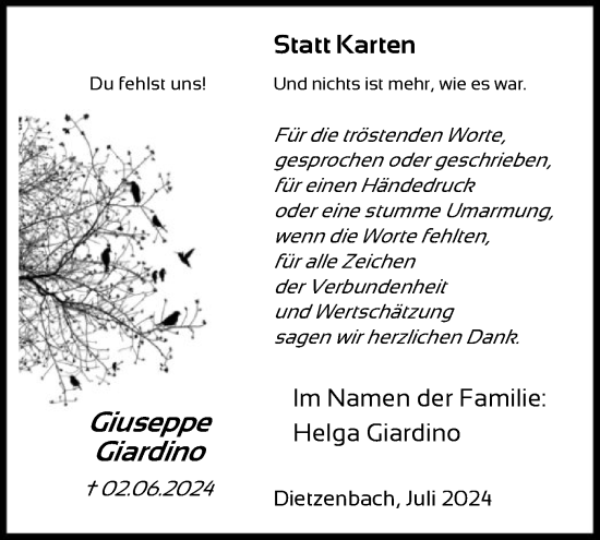 Todesanzeige von Giuseppe Giardino von OF