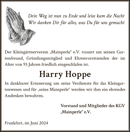 Todesanzeige von Harry Hoppe von OF
