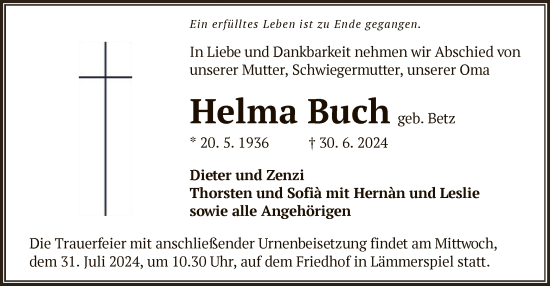 Todesanzeige von Helma Buch von OF