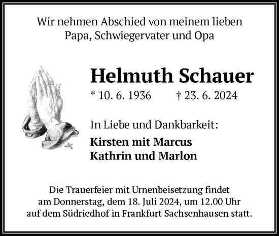 Todesanzeige von Helmuth Schauer von OF