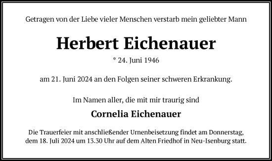 Todesanzeige von Herbert Eichenauer von OF