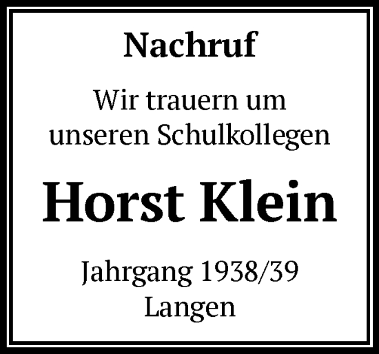Todesanzeige von Horst Klein von OF