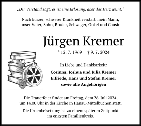 Todesanzeige von Jürgen Kremer von OF