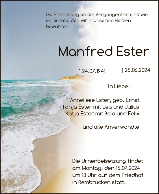 Todesanzeige von Manfred Ester von OF