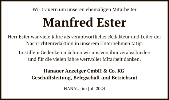 Todesanzeige von Manfred Ester von OF