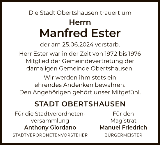 Todesanzeige von Manfred Ester von OF