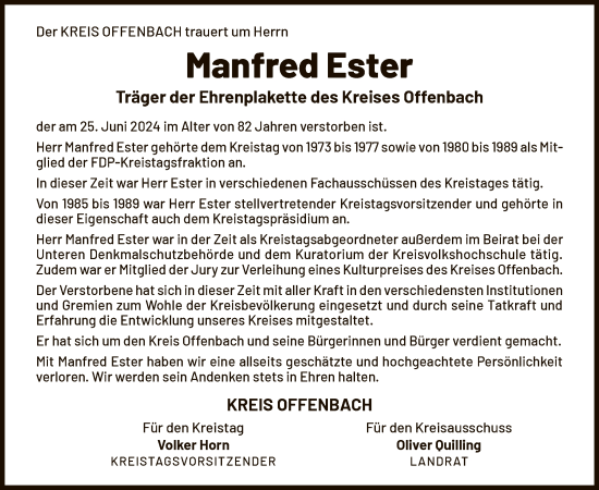 Todesanzeige von Manfred Ester von OF