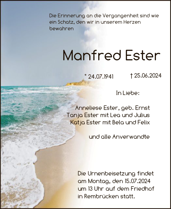 Todesanzeige von Manfred Ester von OF