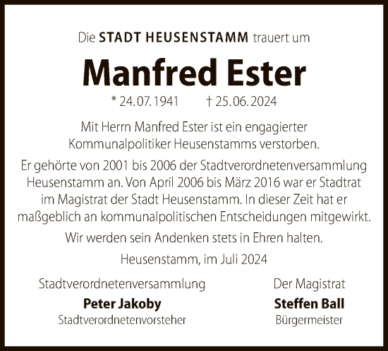 Todesanzeige von Manfred Ester von OF
