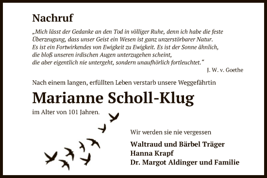 Todesanzeige von Marianne Scholl-Klug von OF