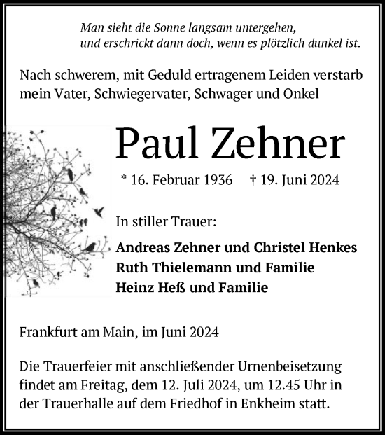 Todesanzeige von Paul Zehner von OF