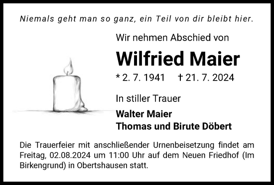 Todesanzeige von Wilfried Maier von OF