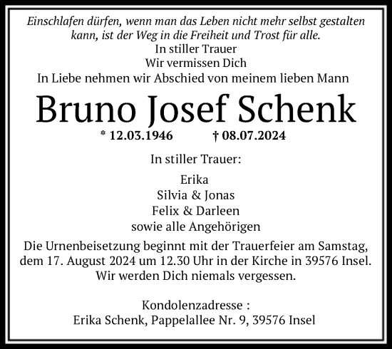 Todesanzeige von Bruno Josef Schenk von OF