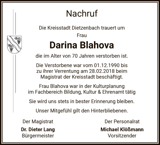 Todesanzeige von Darina Blahova von OFOF
