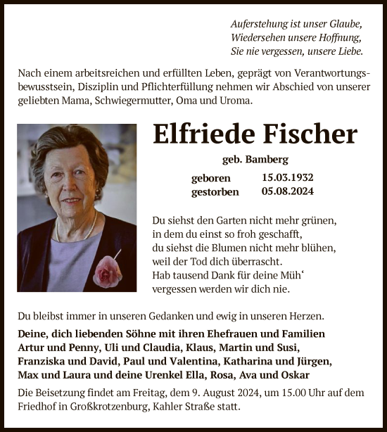 Todesanzeige von Elfriede Fischer von OF